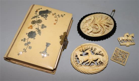Two ivory brooches and a French book.